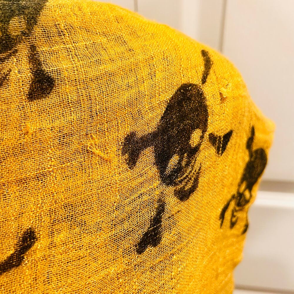 Liss Kiss Crossbones Print Scarf Mustard Yellow Large Lightweight Fringe - Picture 9 of 12